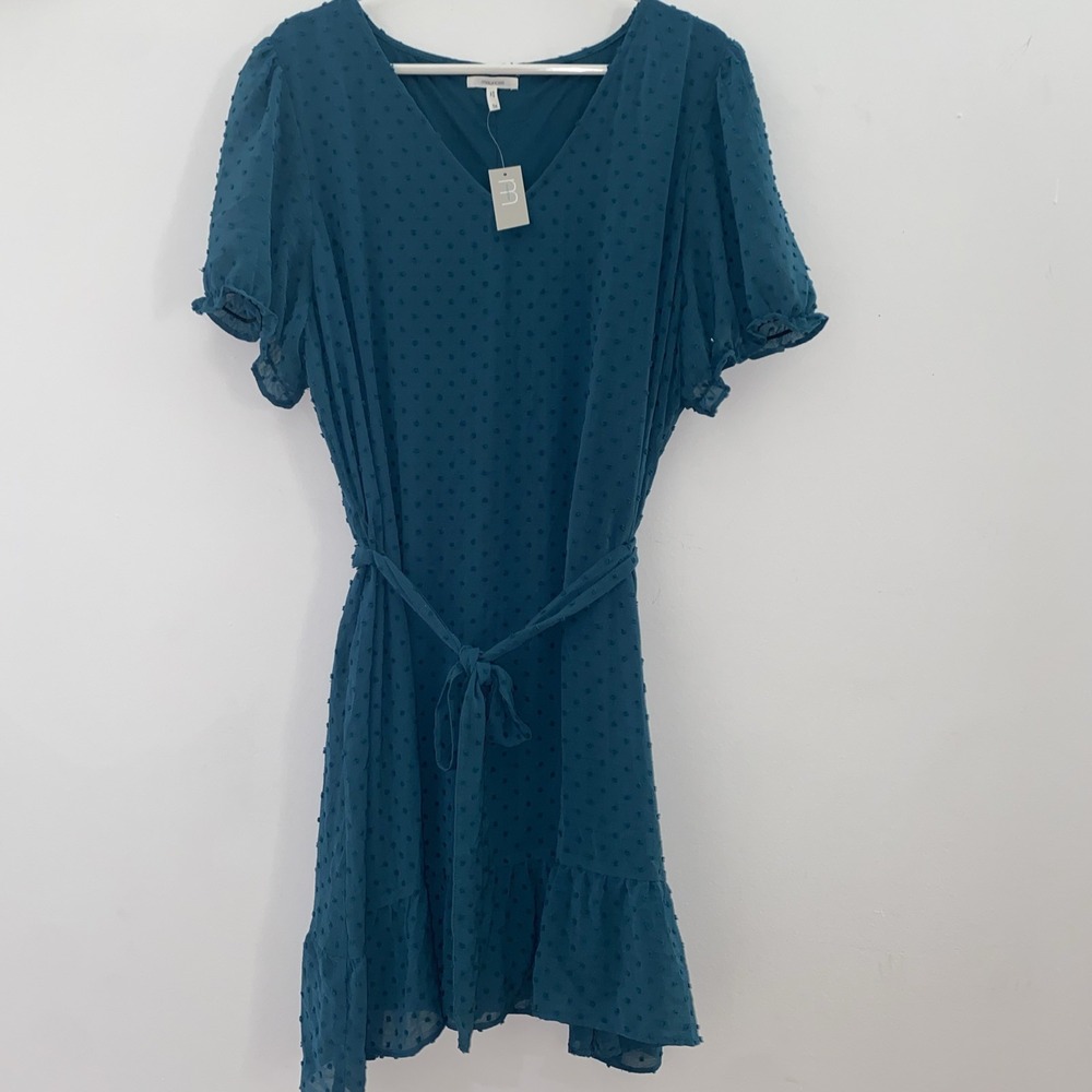 Maurice's Plus Size 1x Teal Clip Dot Tie Waist Mini Dress‎